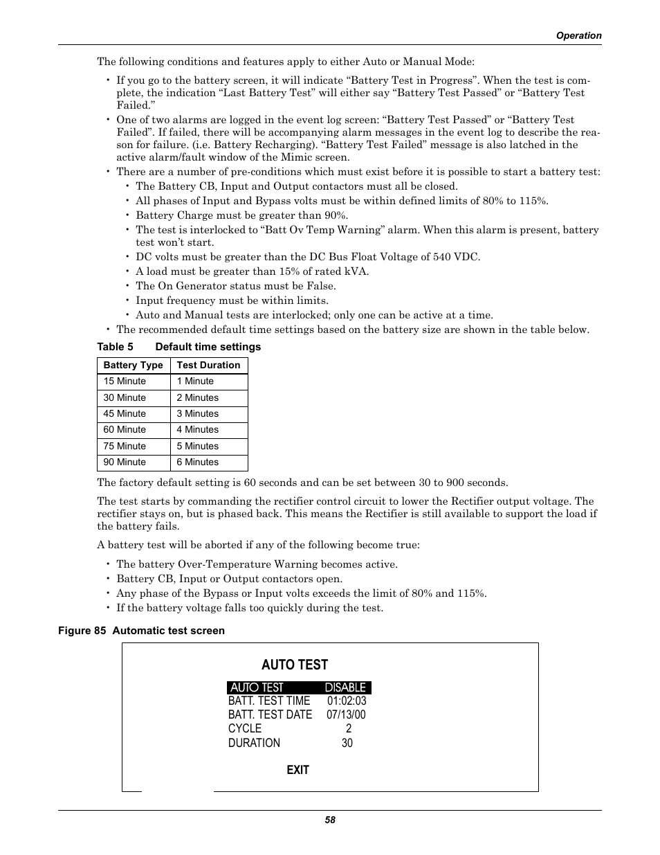 Table 5 default time settings, Figure 85 automatic test screen, Table 5 | Default time settings, Auto test | Liebert 30-130kVA User Manual | Page 66 / 112