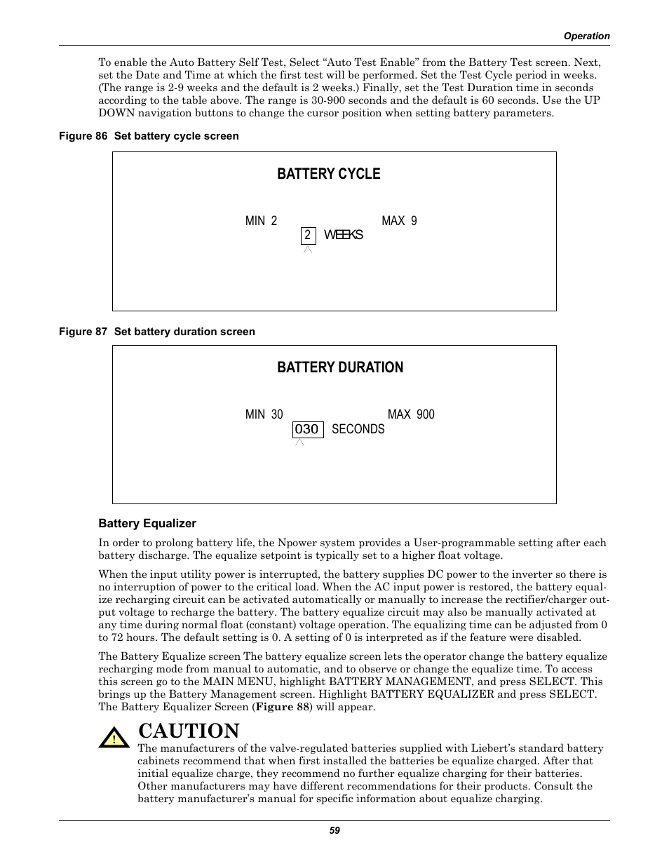 Figure 86 set battery cycle screen, Figure 87 set battery duration screen, Battery equalizer | Caution, Battery cycle, Battery duration | Liebert 30-130kVA User Manual | Page 67 / 112