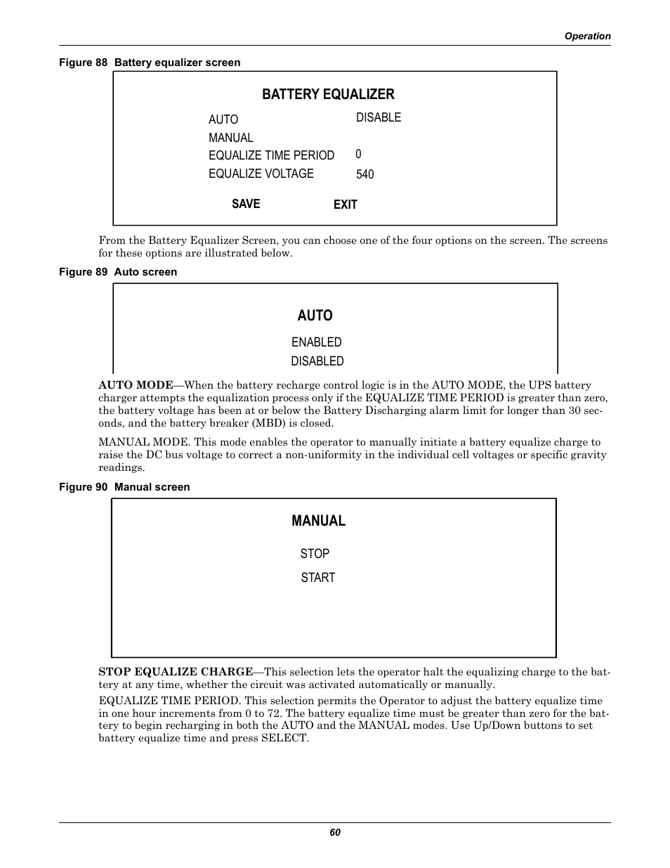 Figure 88 battery equalizer screen, Figure 89 auto screen, Figure 90 manual screen | Auto, Manual | Liebert 30-130kVA User Manual | Page 68 / 112