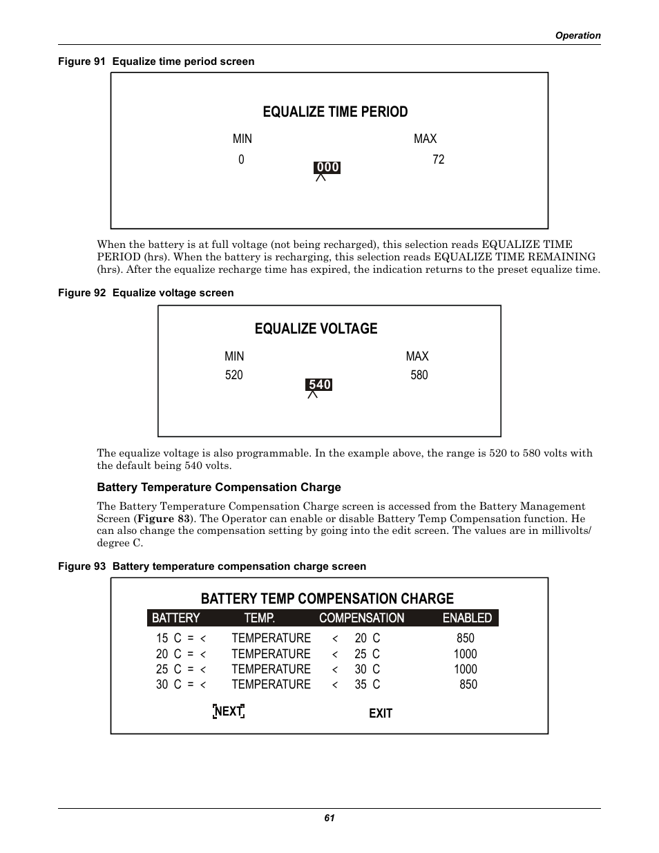 Figure 91 equalize time period screen, Figure 92 equalize voltage screen, Battery temperature compensation charge | Equalize time period, Equalize voltage, Battery temp compensation charge | Liebert 30-130kVA User Manual | Page 69 / 112