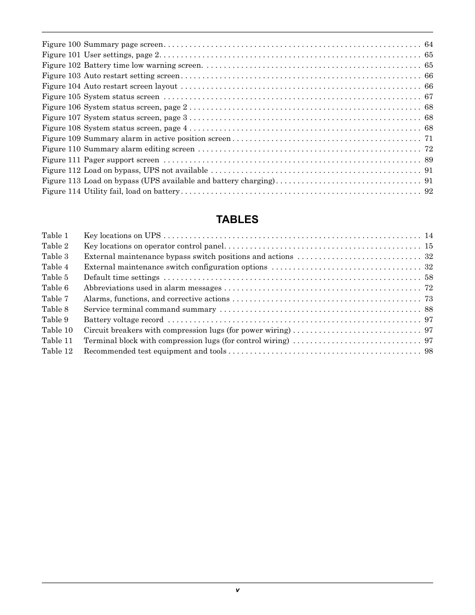 Tables | Liebert 30-130kVA User Manual | Page 7 / 112