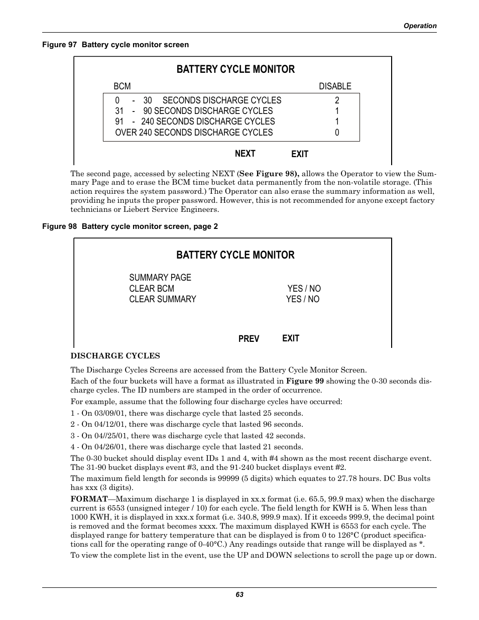 Figure 97 battery cycle monitor screen, Battery cycle monitor | Liebert 30-130kVA User Manual | Page 71 / 112