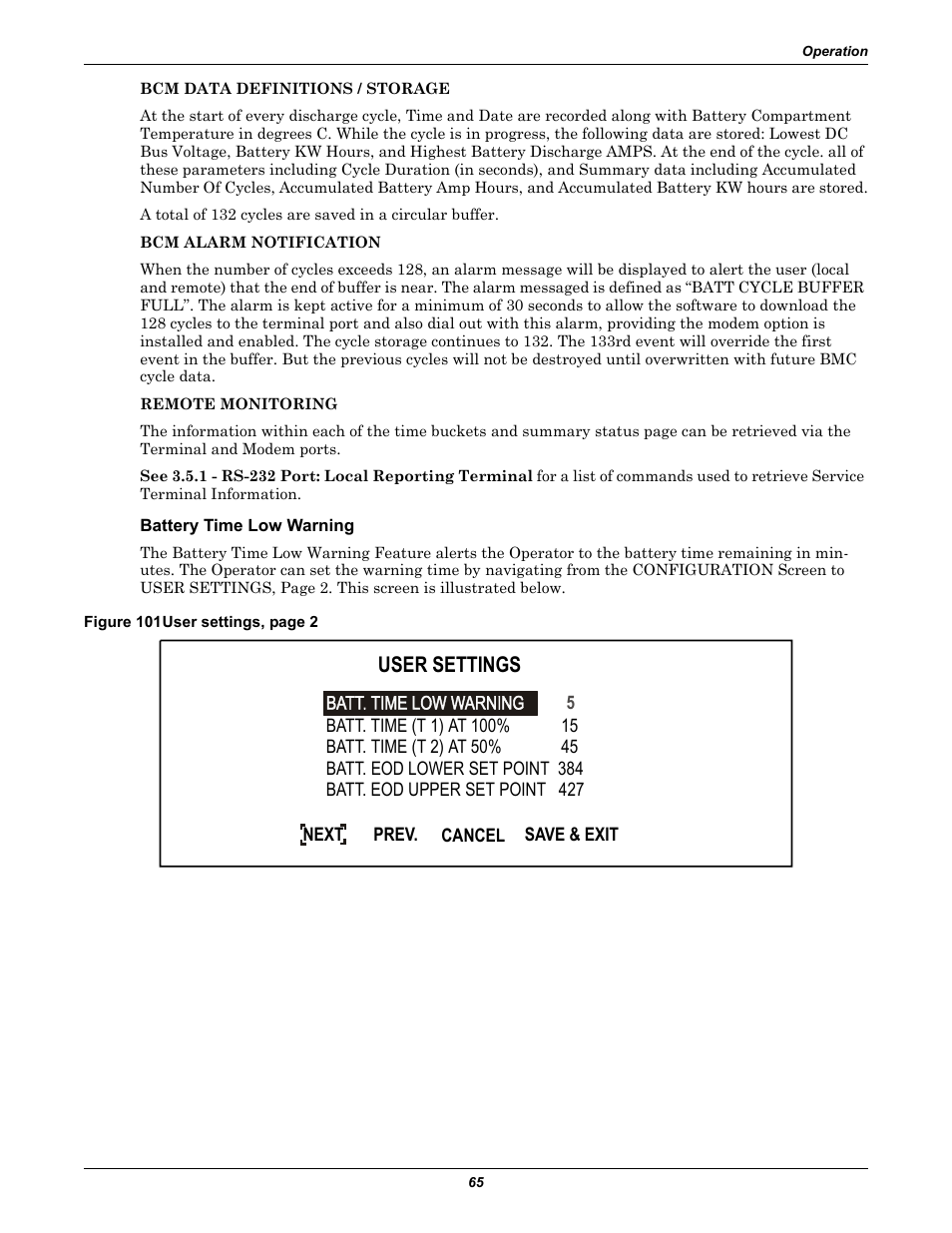 Battery time low warning, User settings | Liebert 30-130kVA User Manual | Page 73 / 112