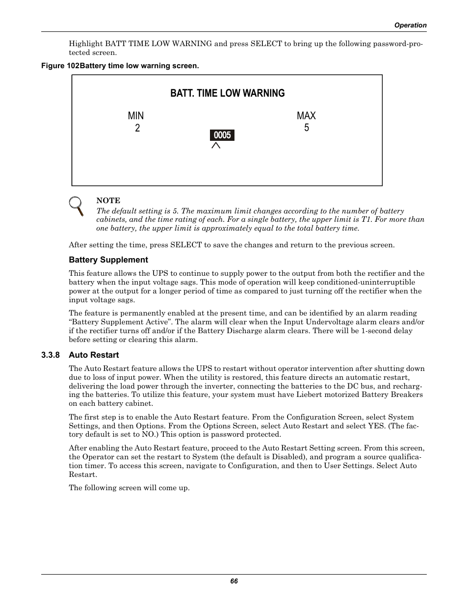 Figure 102 battery time low warning screen, Battery supplement, 8 auto restart | Auto restart, Batt. time low warning min 2 max 5 | Liebert 30-130kVA User Manual | Page 74 / 112