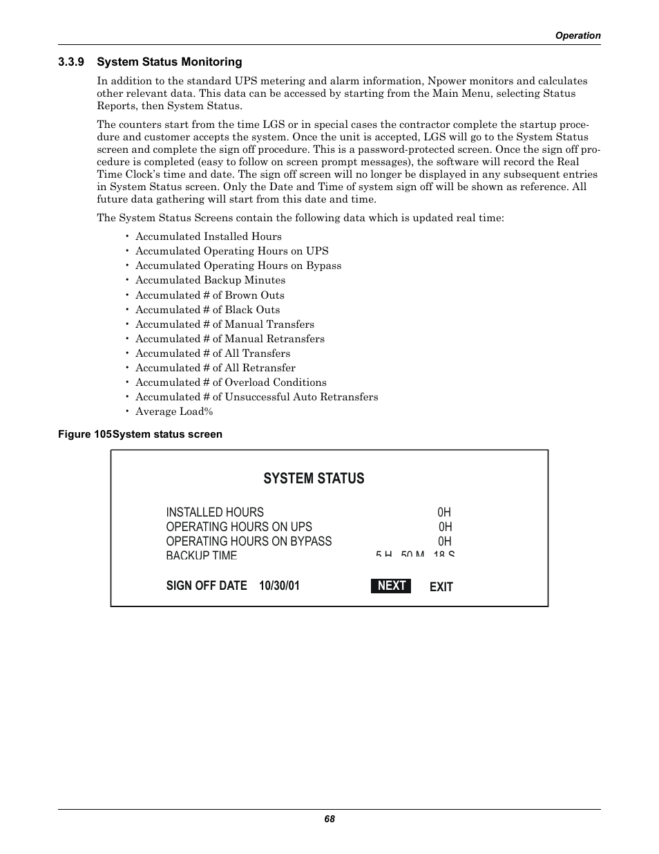 9 system status monitoring, Figure 105 system status screen, System status monitoring | System status | Liebert 30-130kVA User Manual | Page 76 / 112
