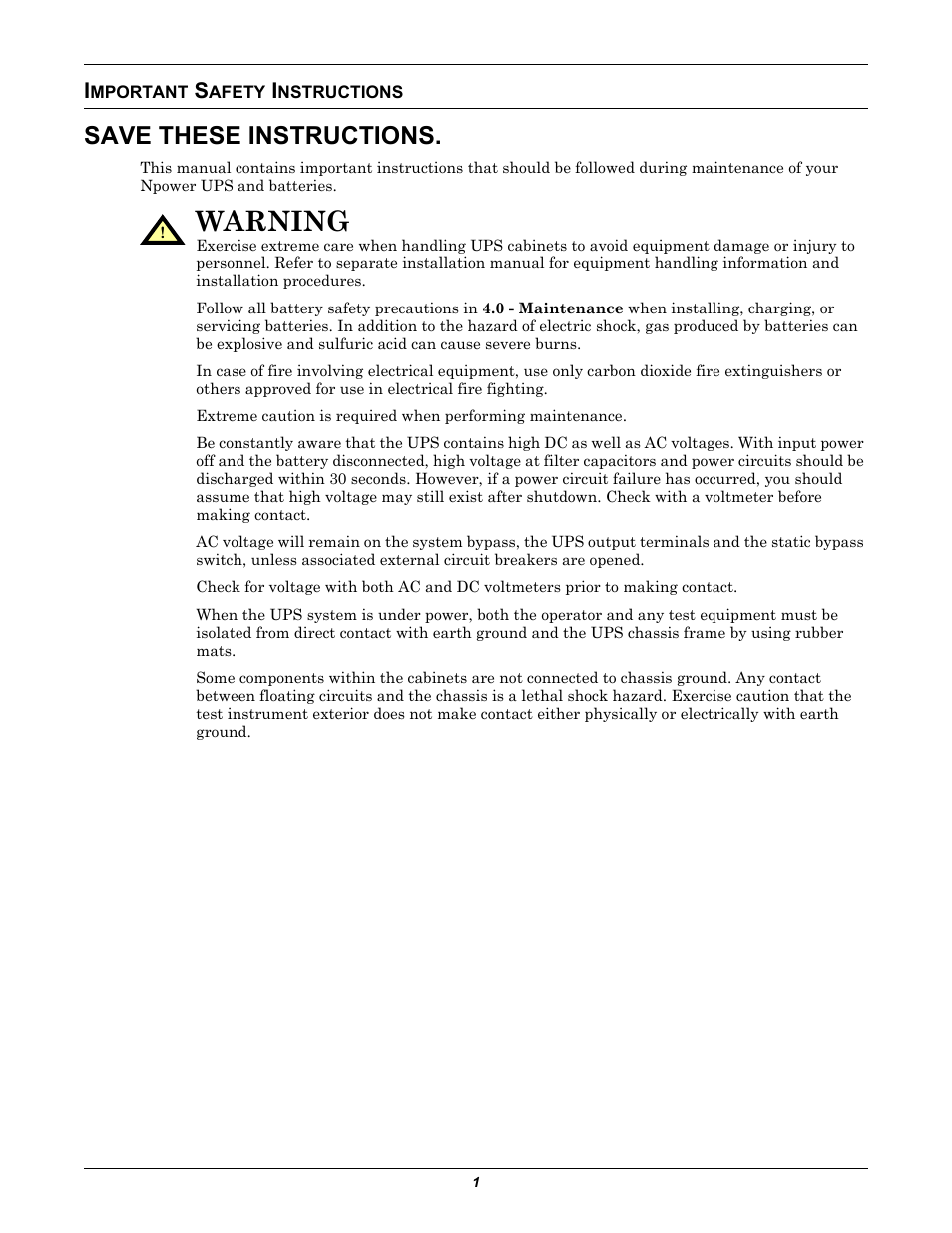 Important safety instructions, Save these instructions, Mportant | Afety, Nstructions, Warning | Liebert 30-130kVA User Manual | Page 9 / 112