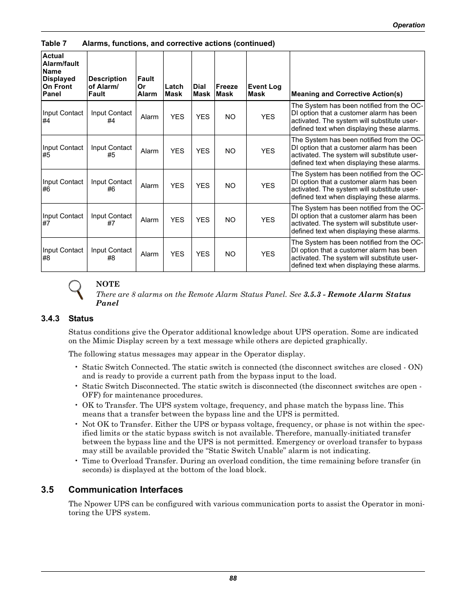 3 status, 5 communication interfaces, Status | Communication interfaces, And 3.5 - com, Munication interfaces for inf | Liebert 30-130kVA User Manual | Page 96 / 112