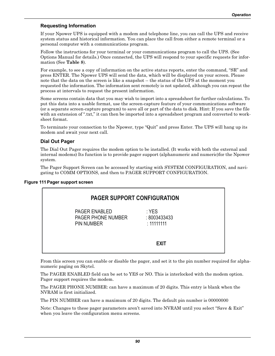 Requesting information, Pager support configuration | Liebert 30-130kVA User Manual | Page 98 / 112