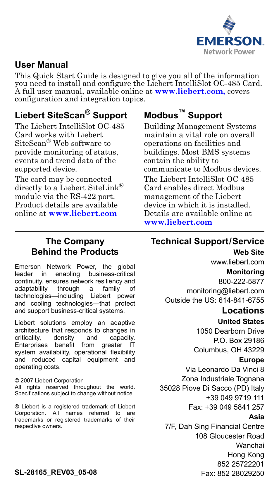 The company behind the products, Technical support/service, Locations | User manual, Liebert sitescan, Support, Modbus | Liebert IntelliSlot OC-485 User Manual | Page 2 / 2