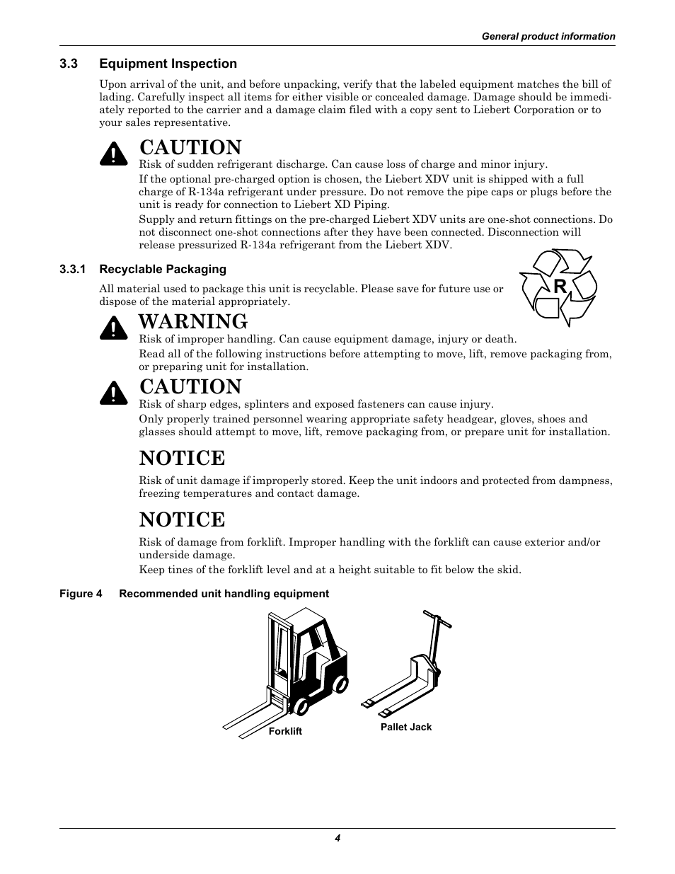 3 equipment inspection, 1 recyclable packaging, Figure 4 recommended unit handling equipment | Equipment inspection, Recyclable packaging, Figure 4, Recommended unit handling equipment, Notice, Caution, Warning | Liebert Cooling System XDV User Manual | Page 10 / 48