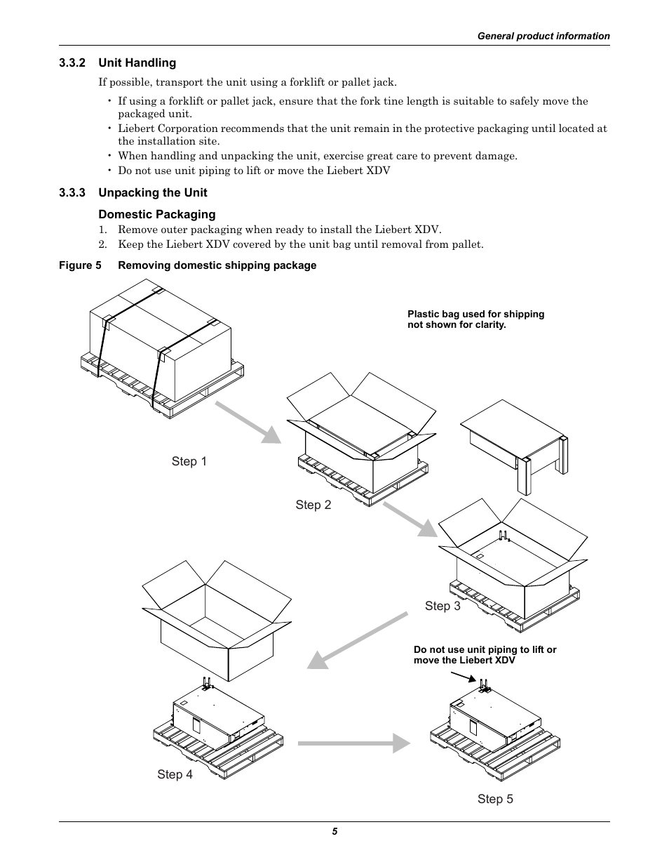 2 unit handling, 3 unpacking the unit, Domestic packaging | Figure 5 removing domestic shipping package, Unit handling, Unpacking the unit, Figure 5, Removing domestic shipping package | Liebert Cooling System XDV User Manual | Page 11 / 48