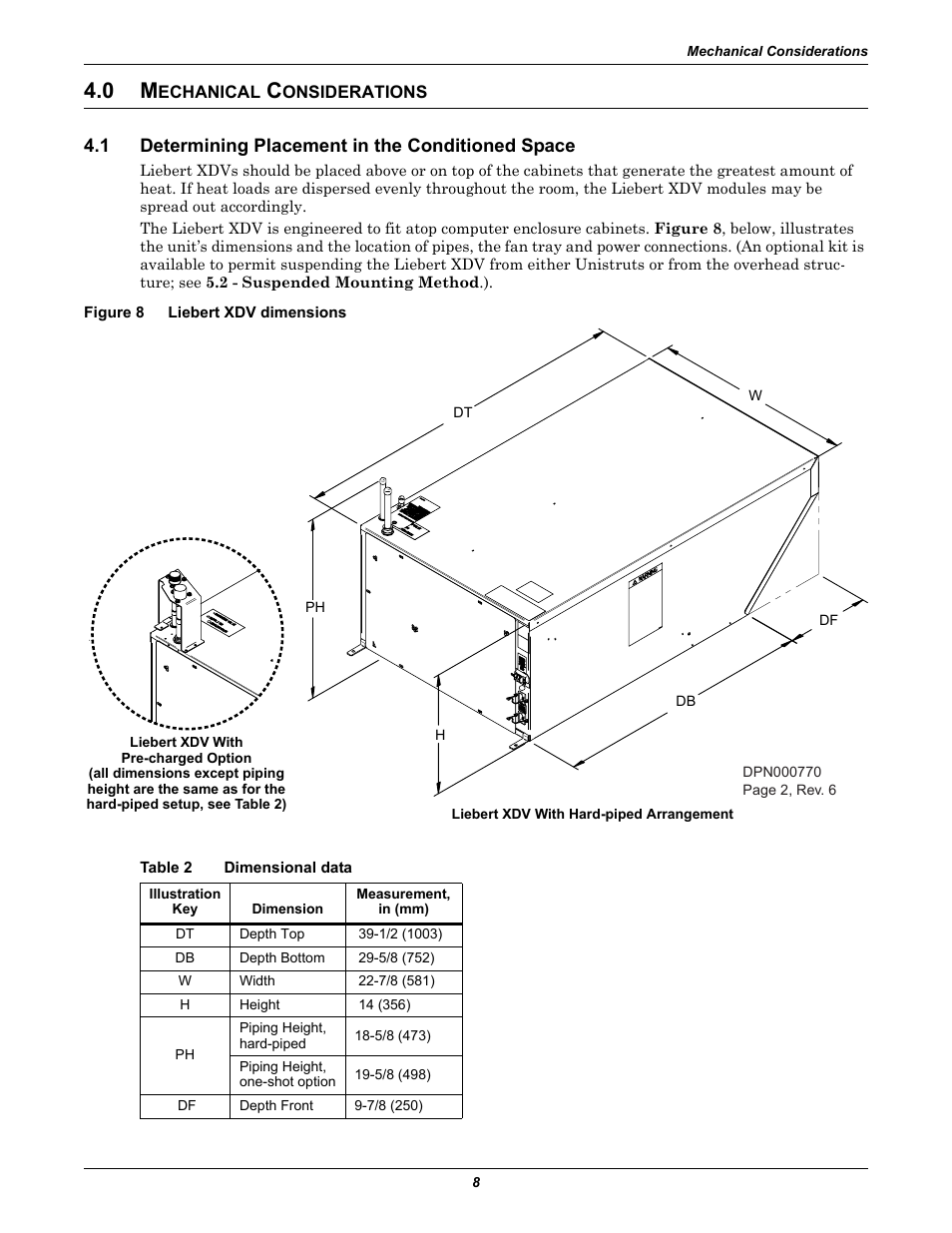 0 mechanical considerations, 1 determining placement in the conditioned space, Figure 8 liebert xdv dimensions | Table 2 dimensional data, Echanical, Onsiderations, Determining placement in the conditioned space, Figure 8, Liebert xdv dimensions, Table 2 | Liebert Cooling System XDV User Manual | Page 14 / 48