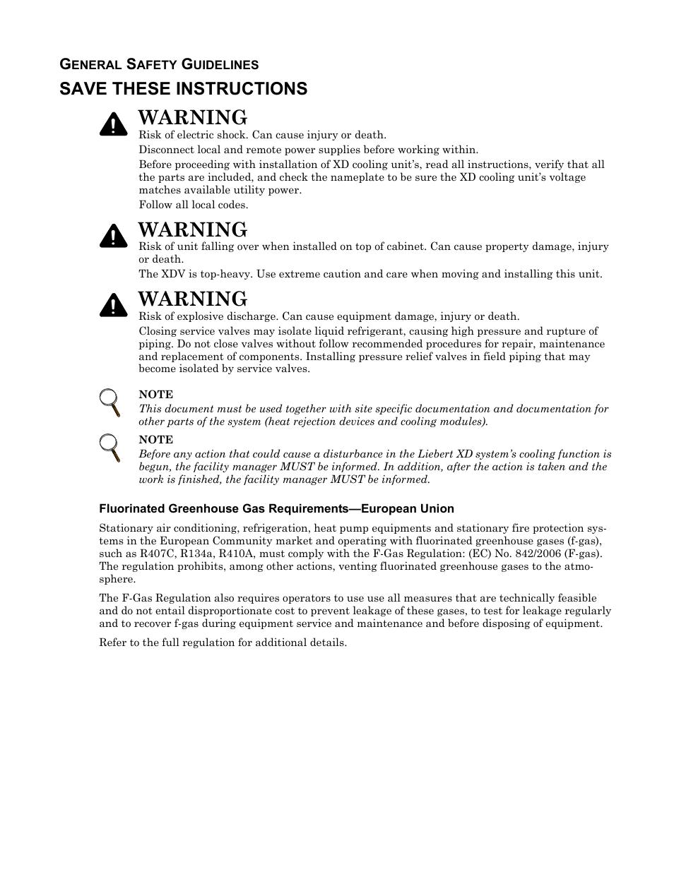General safety guidelines, Save these instructions, Warning | Liebert Cooling System XDV User Manual | Page 2 / 48