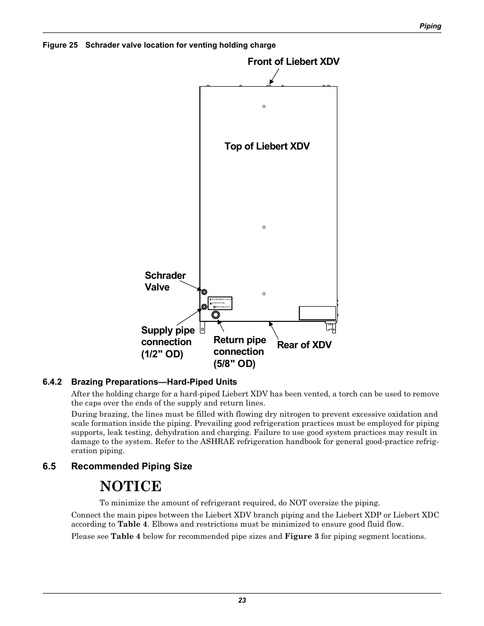 2 brazing preparations—hard-piped units, 5 recommended piping size, Brazing preparations—hard-piped units | Recommended piping size, Notice | Liebert Cooling System XDV User Manual | Page 29 / 48