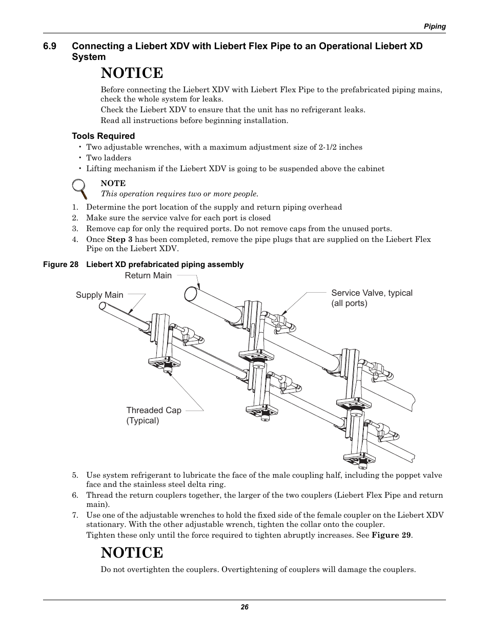 Tools required, Figure 28 liebert xd prefabricated piping assembly, Notice | Liebert Cooling System XDV User Manual | Page 32 / 48