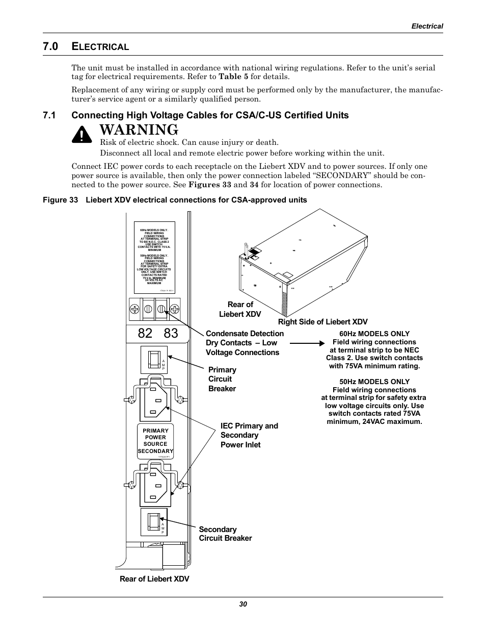 0 electrical, Lectrical, Warning | Liebert Cooling System XDV User Manual | Page 36 / 48