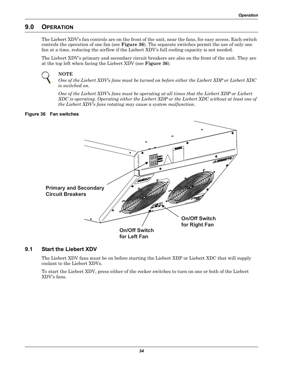 0 operation, Figure 36 fan switches, 1 start the liebert xdv | Peration, Start the liebert xdv | Liebert Cooling System XDV User Manual | Page 40 / 48