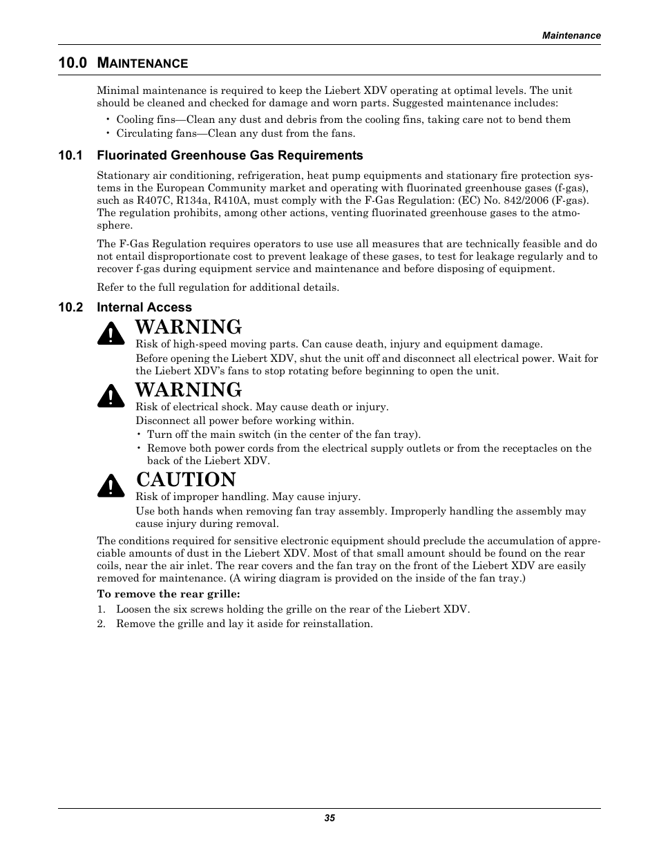 0 maintenance, 1 fluorinated greenhouse gas requirements, 2 internal access | Aintenance, Fluorinated greenhouse gas requirements, Internal access, Warning, Caution | Liebert Cooling System XDV User Manual | Page 41 / 48