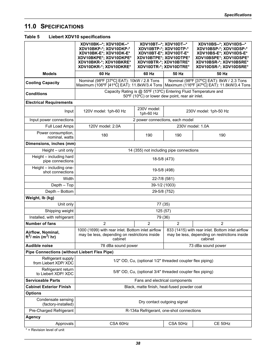 0 specifications, Table 5 liebert xdv10 specifications, Pecifications | Table 5, Liebert xdv10 specifications | Liebert Cooling System XDV User Manual | Page 44 / 48