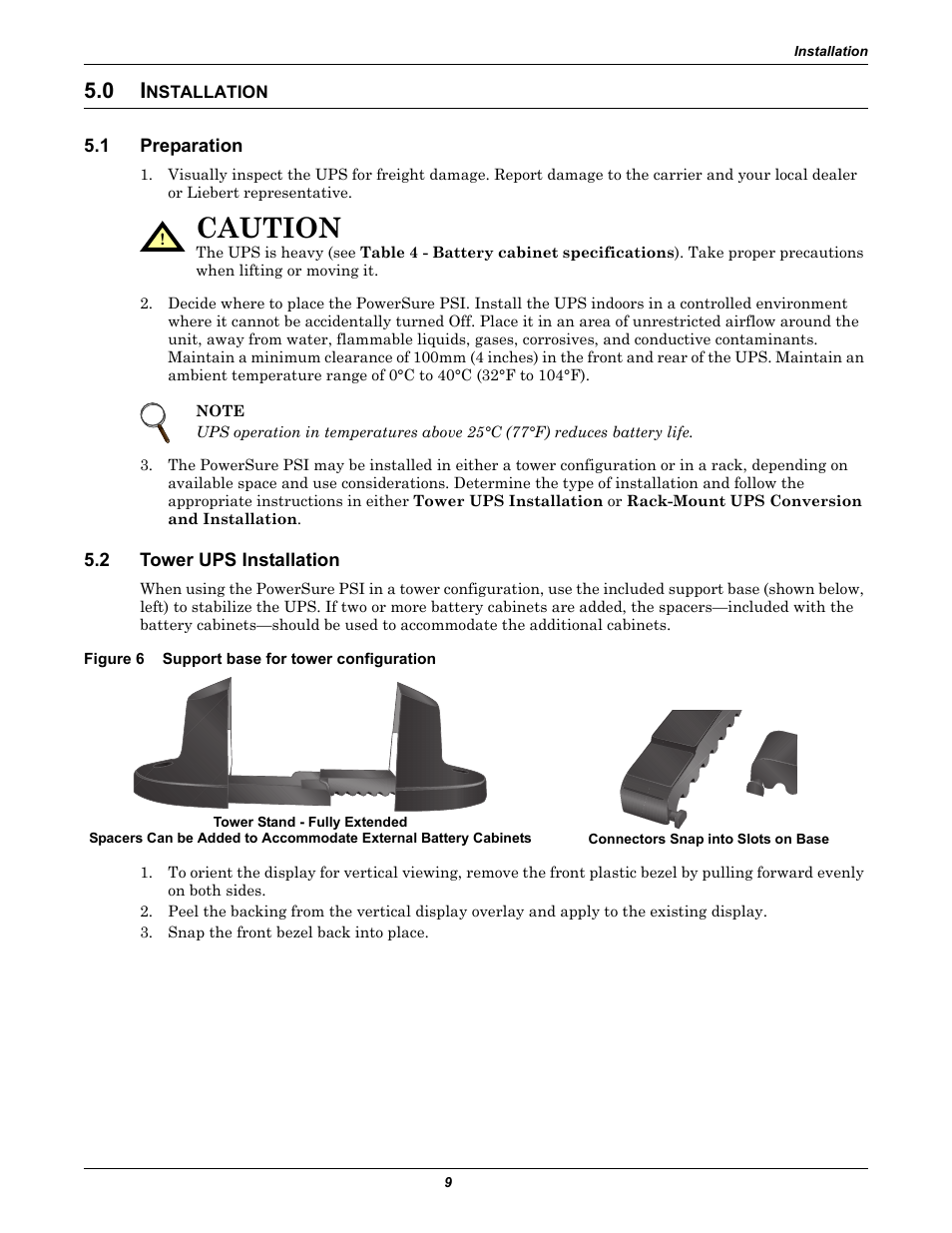 0 installation, 1 preparation, 2 tower ups installation | Figure 6 support base for tower configuration, Nstallation, Preparation, Tower ups installation, Figure 6, Support base for tower configuration, Caution | Liebert PSITM User Manual | Page 13 / 34