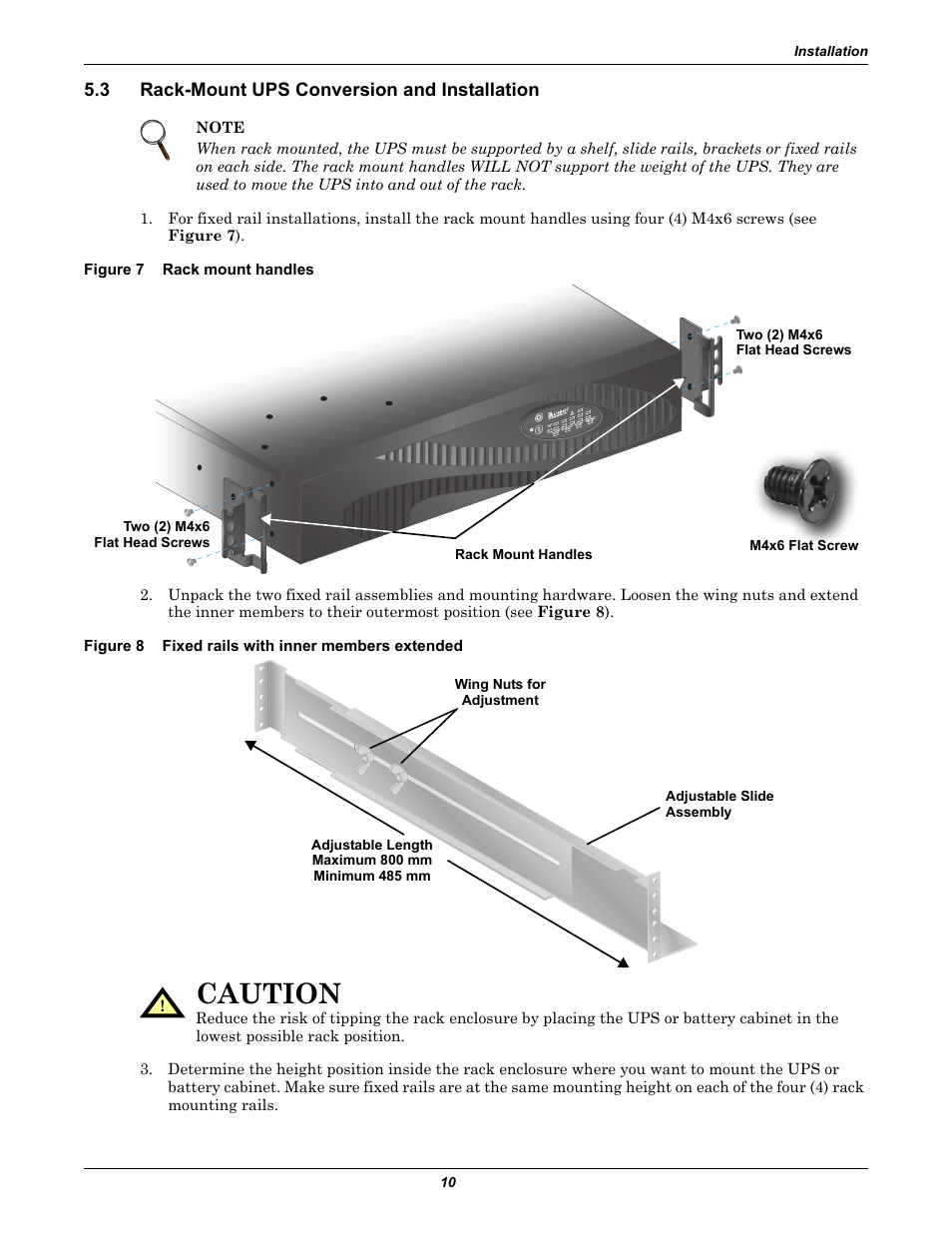 3 rack-mount ups conversion and installation, Figure 7 rack mount handles, Figure 8 fixed rails with inner members extended | Rack-mount ups conversion and installation, Figure 7, Rack mount handles, Figure 8, Fixed rails with inner members extended, Caution | Liebert PSITM User Manual | Page 14 / 34