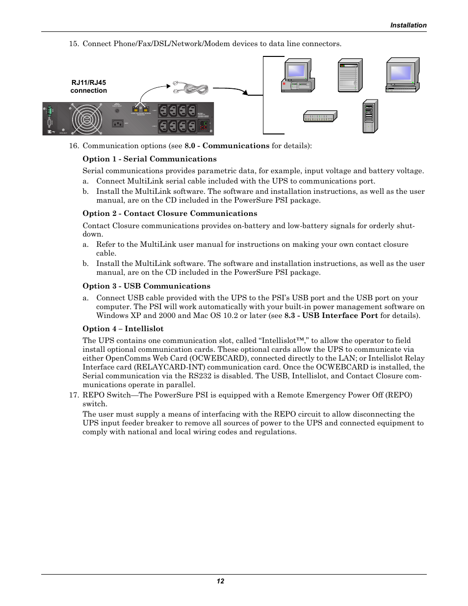 Installation 12, Rj11/rj45 connection | Liebert PSITM User Manual | Page 16 / 34