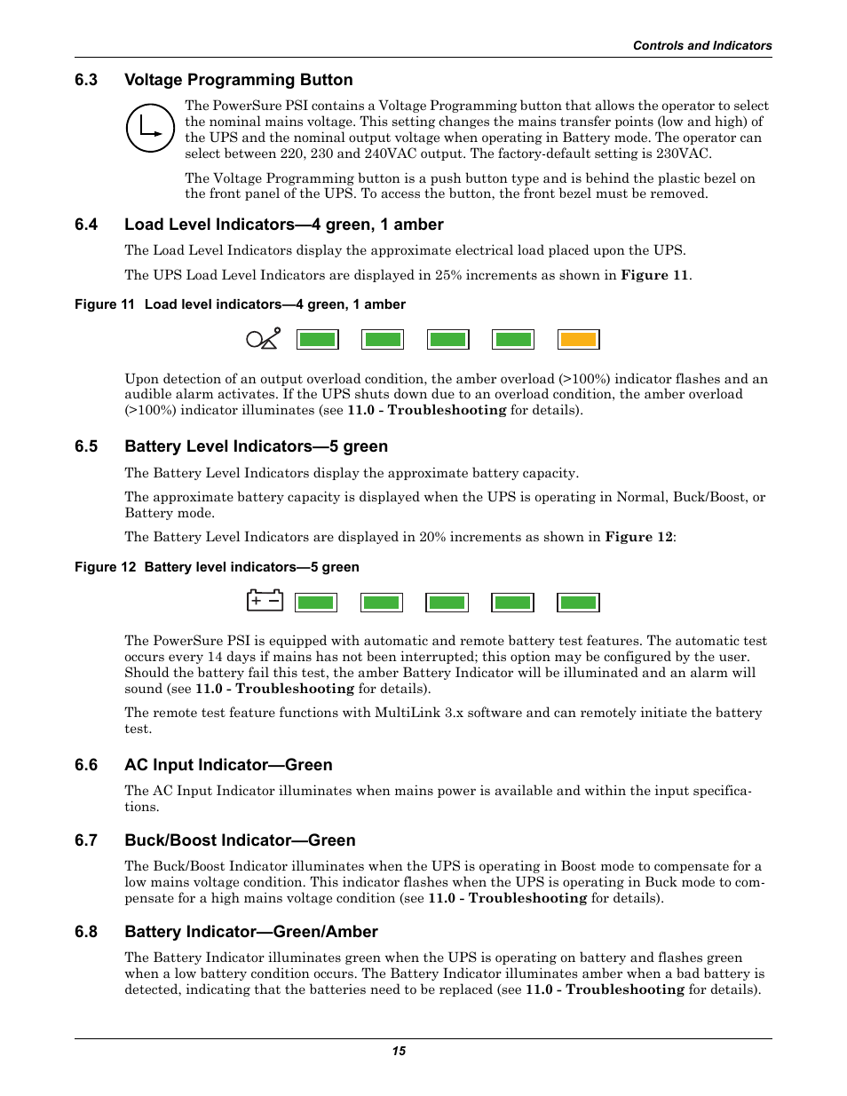 3 voltage programming button, 4 load level indicators—4 green, 1 amber, Figure 11 load level indicators—4 green, 1 amber | 5 battery level indicators—5 green, Figure 12 battery level indicators—5 green, 6 ac input indicator—green, 7 buck/boost indicator—green, 8 battery indicator—green/amber, Voltage programming button, Load level indicators—4 green, 1 amber | Liebert PSITM User Manual | Page 19 / 34