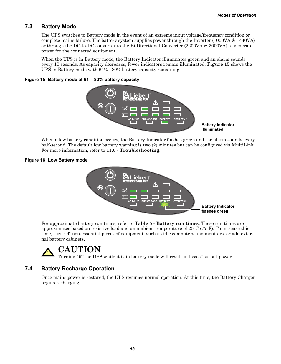 3 battery mode, Figure 16 low battery mode, 4 battery recharge operation | Battery mode, Battery recharge operation, Caution | Liebert PSITM User Manual | Page 22 / 34