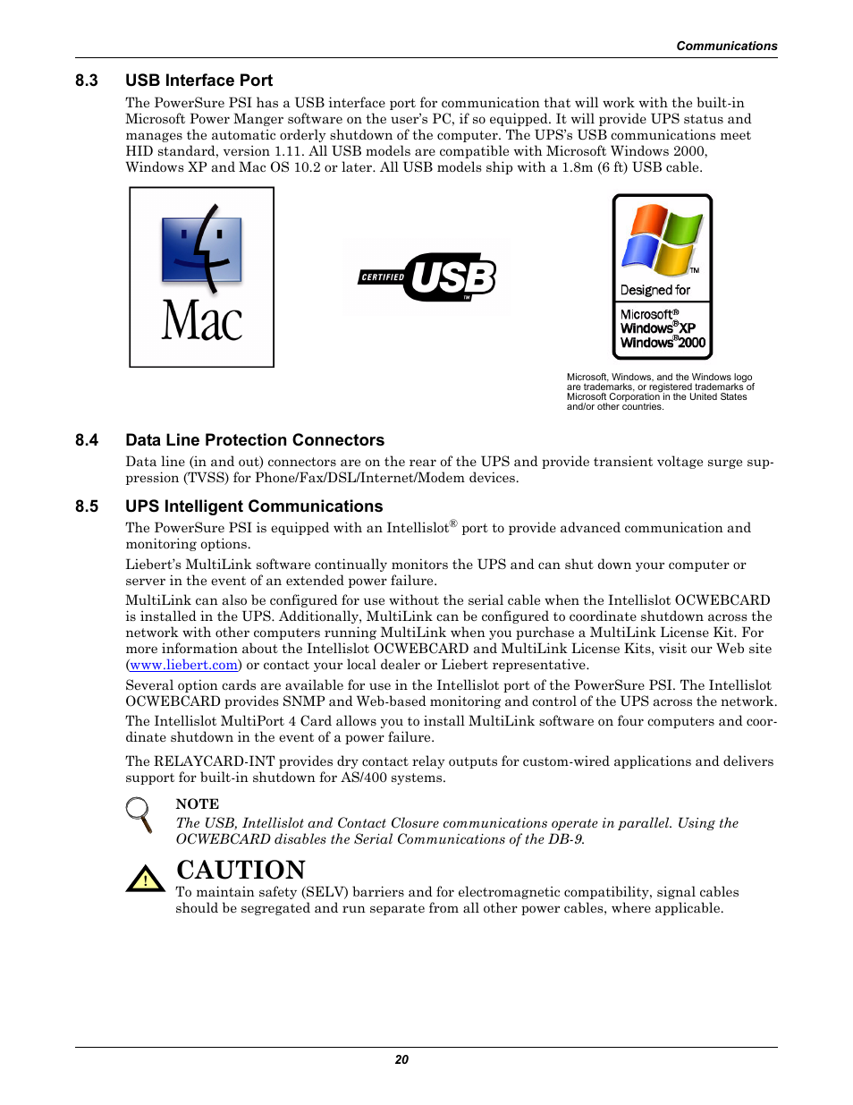 3 usb interface port, 4 data line protection connectors, 5 ups intelligent communications | Usb interface port, Data line protection connectors, Ups intelligent communications, Caution | Liebert PSITM User Manual | Page 24 / 34