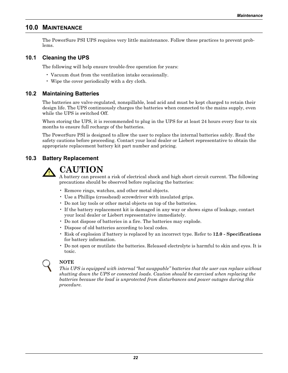 0 maintenance, 1 cleaning the ups, 2 maintaining batteries | 3 battery replacement, Aintenance, Cleaning the ups, Maintaining batteries, Battery replacement, Caution | Liebert PSITM User Manual | Page 26 / 34