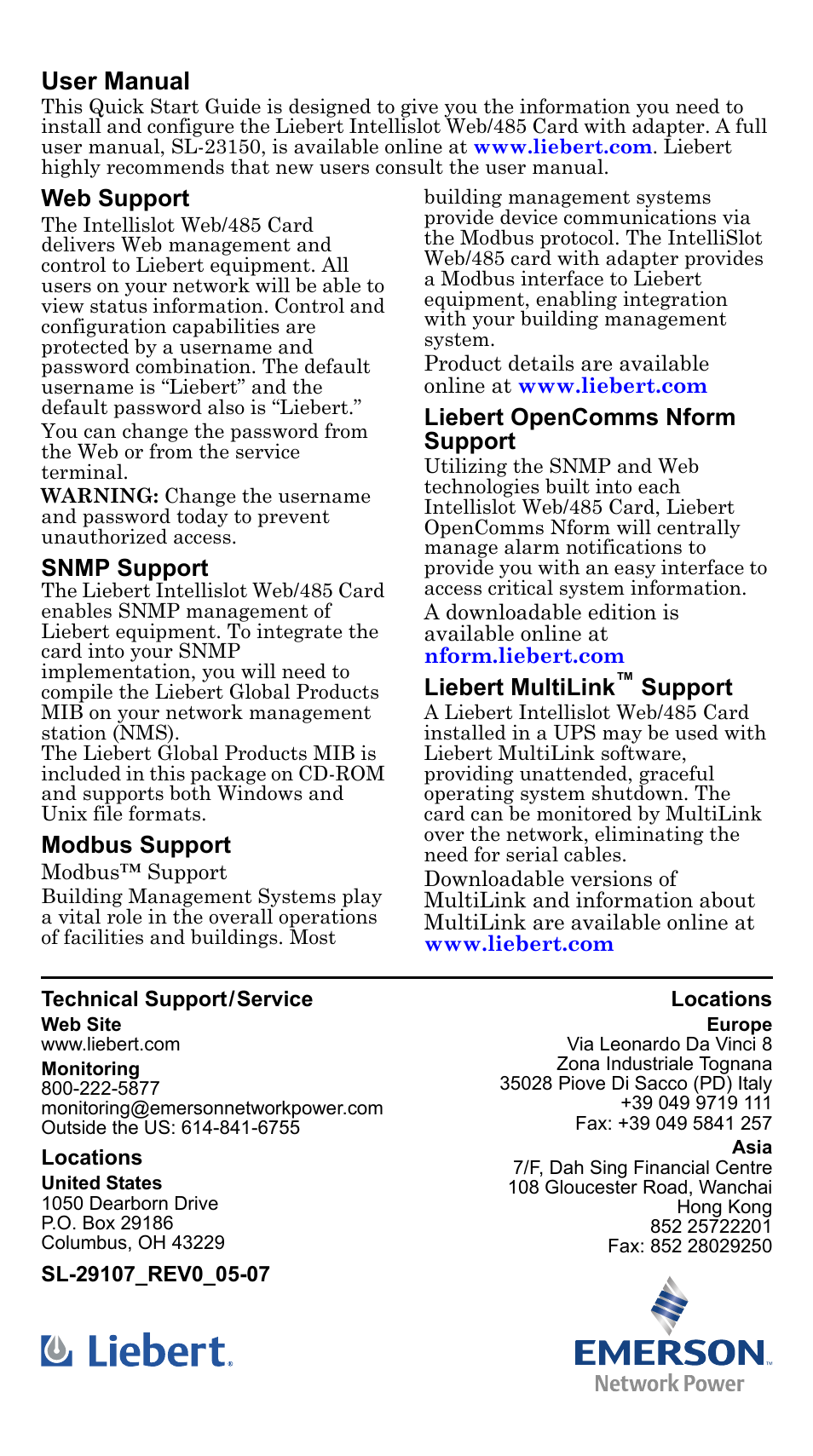 User manual, Web support, Snmp support | Modbus support, Liebert opencomms nform support, Liebert multilink, Support | Liebert Intellislot Web/485 User Manual | Page 2 / 2