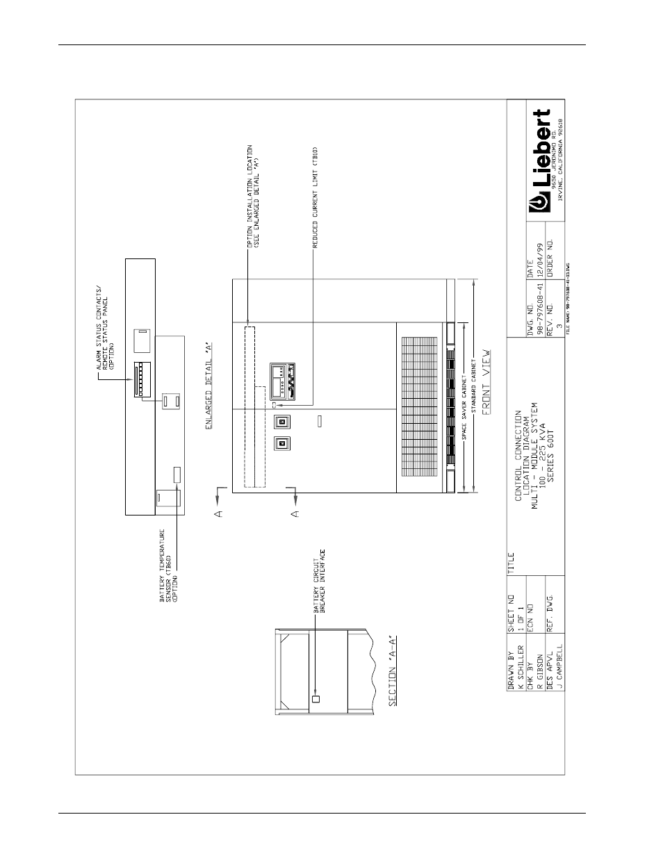 Figure 34, Control connection location diagram, 100-225 kva | Liebert 600T User Manual | Page 60 / 88