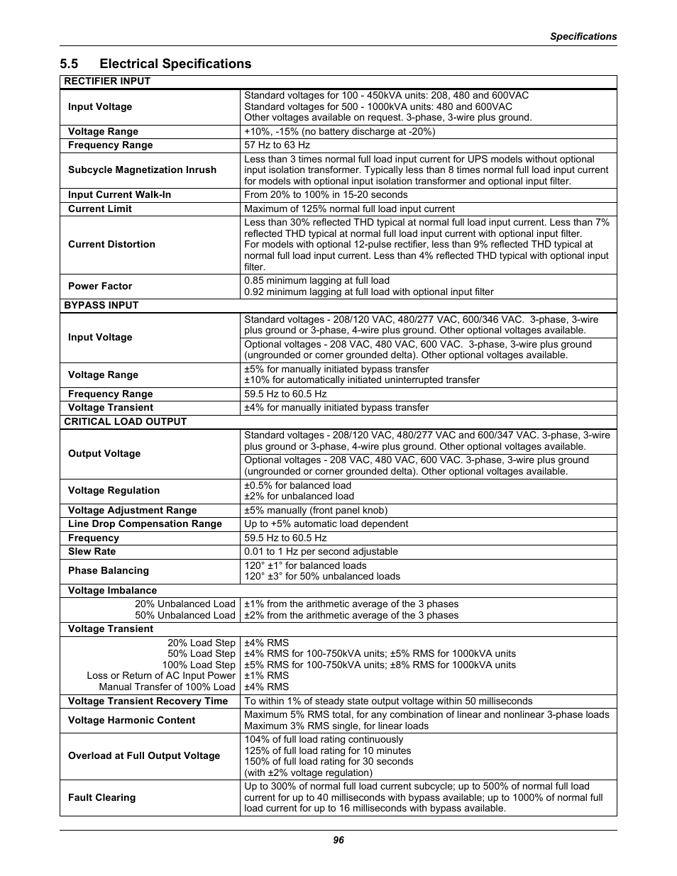 5 electrical specifications, Electrical specifications | Liebert 610 User Manual | Page 102 / 104