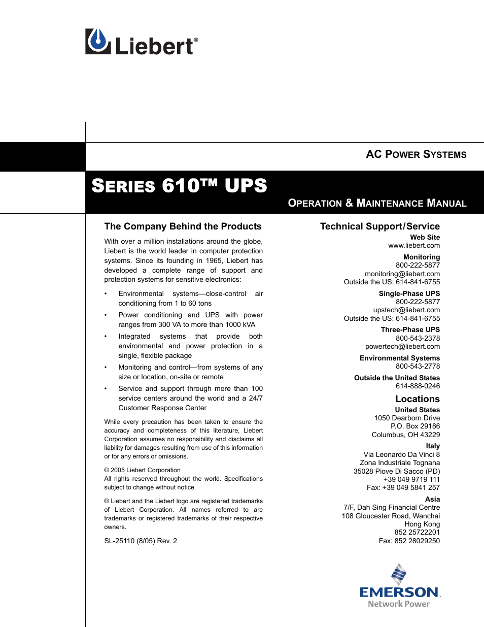 610™ ups, Eries, Ac p | Liebert 610 User Manual | Page 104 / 104