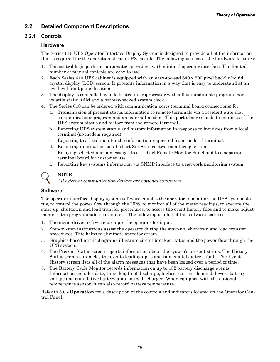 2 detailed component descriptions, 1 controls, Hardware | Software, Detailed component descriptions, Controls | Liebert 610 User Manual | Page 16 / 104