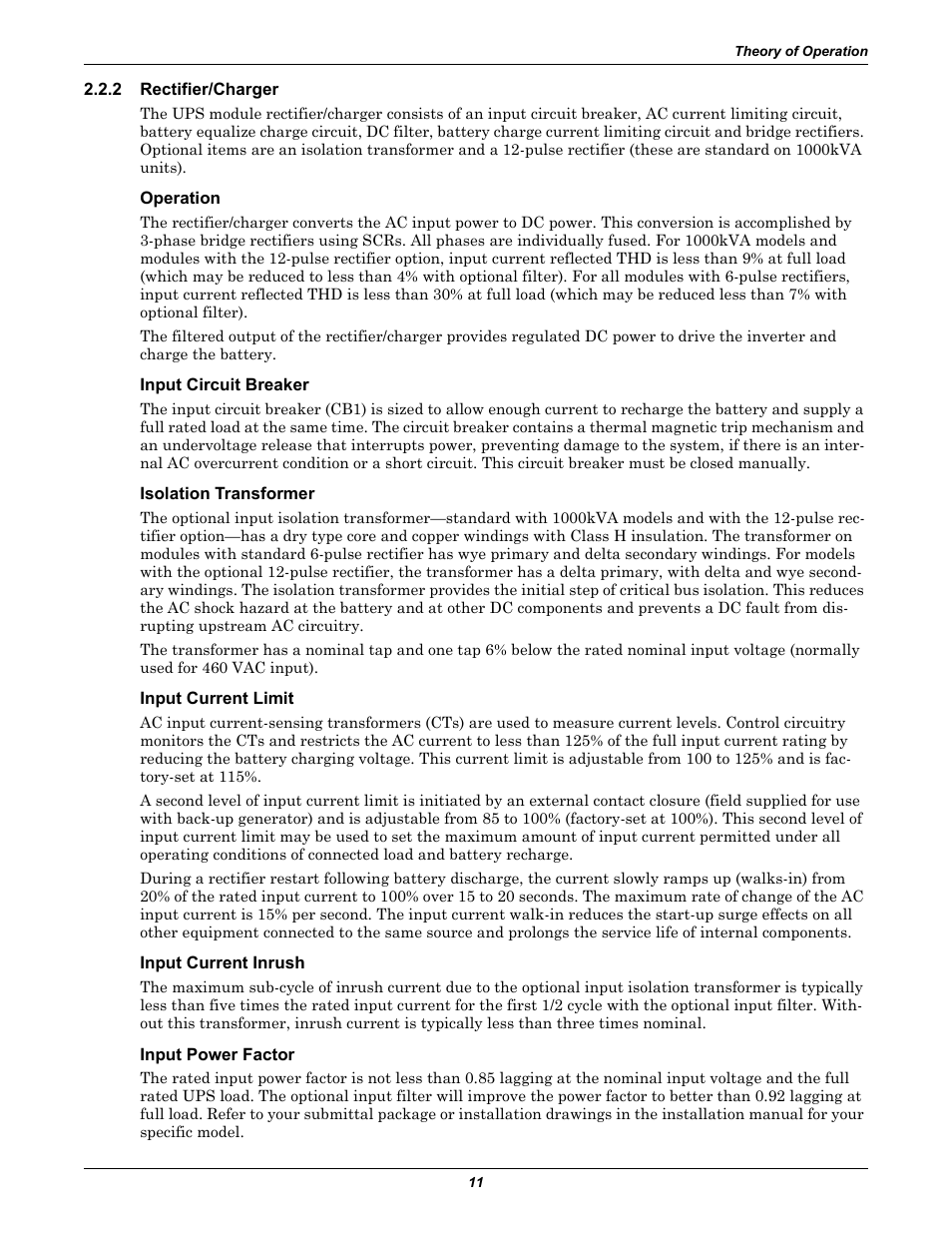 2 rectifier/charger, Operation, Input circuit breaker | Isolation transformer, Input current limit, Input current inrush, Input power factor, Rectifier/charger | Liebert 610 User Manual | Page 17 / 104