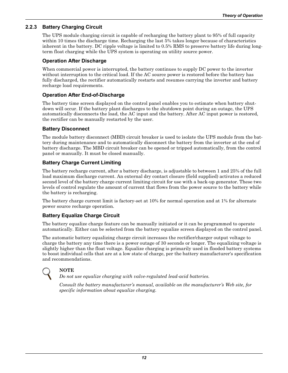 3 battery charging circuit, Operation after discharge, Operation after end-of-discharge | Battery disconnect, Battery charge current limiting, Battery equalize charge circuit, Battery charging circuit | Liebert 610 User Manual | Page 18 / 104