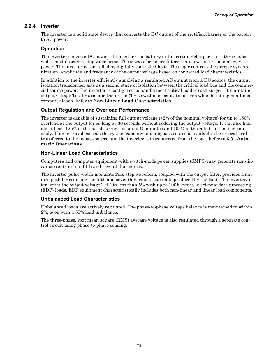 4 inverter, Operation, Output regulation and overload performance | Non-linear load characteristics, Unbalanced load characteristics, Inverter | Liebert 610 User Manual | Page 19 / 104