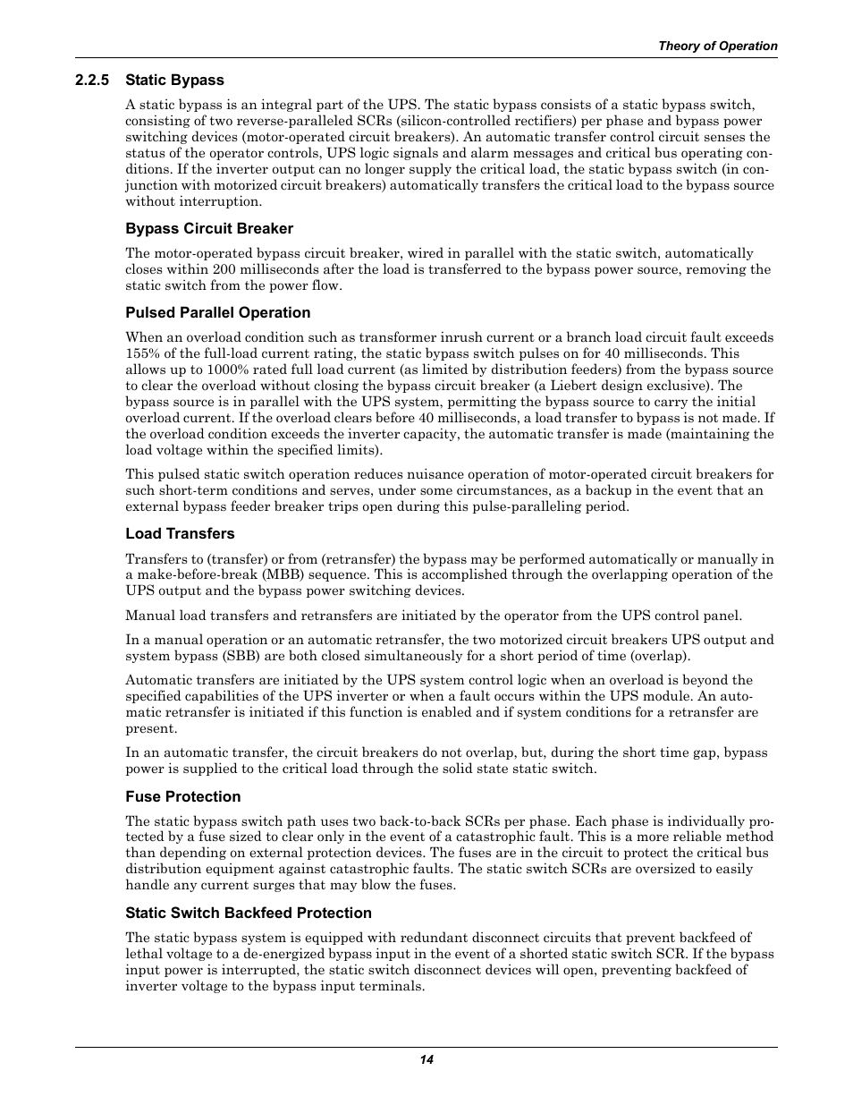 5 static bypass, Bypass circuit breaker, Pulsed parallel operation | Load transfers, Fuse protection, Static switch backfeed protection, Static bypass | Liebert 610 User Manual | Page 20 / 104