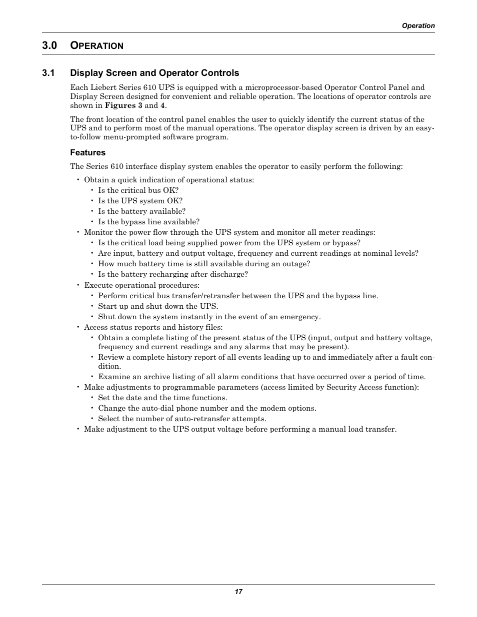 0 operation, 1 display screen and operator controls, Features | Peration, Display screen and operator controls | Liebert 610 User Manual | Page 23 / 104