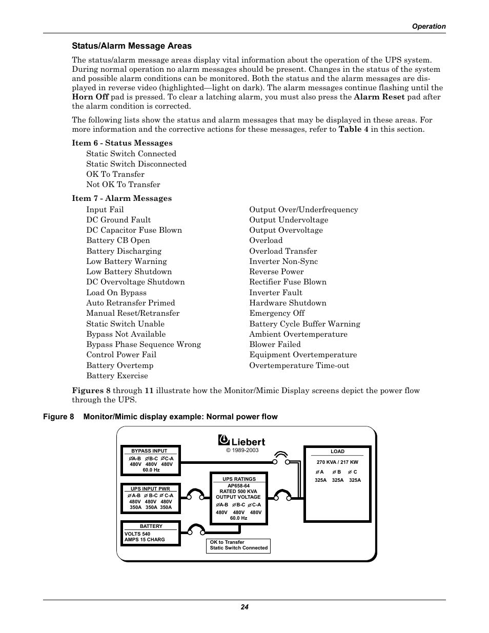 Status/alarm message areas, Figure 8, Monitor/mimic display example: normal power flow | Liebert 610 User Manual | Page 30 / 104