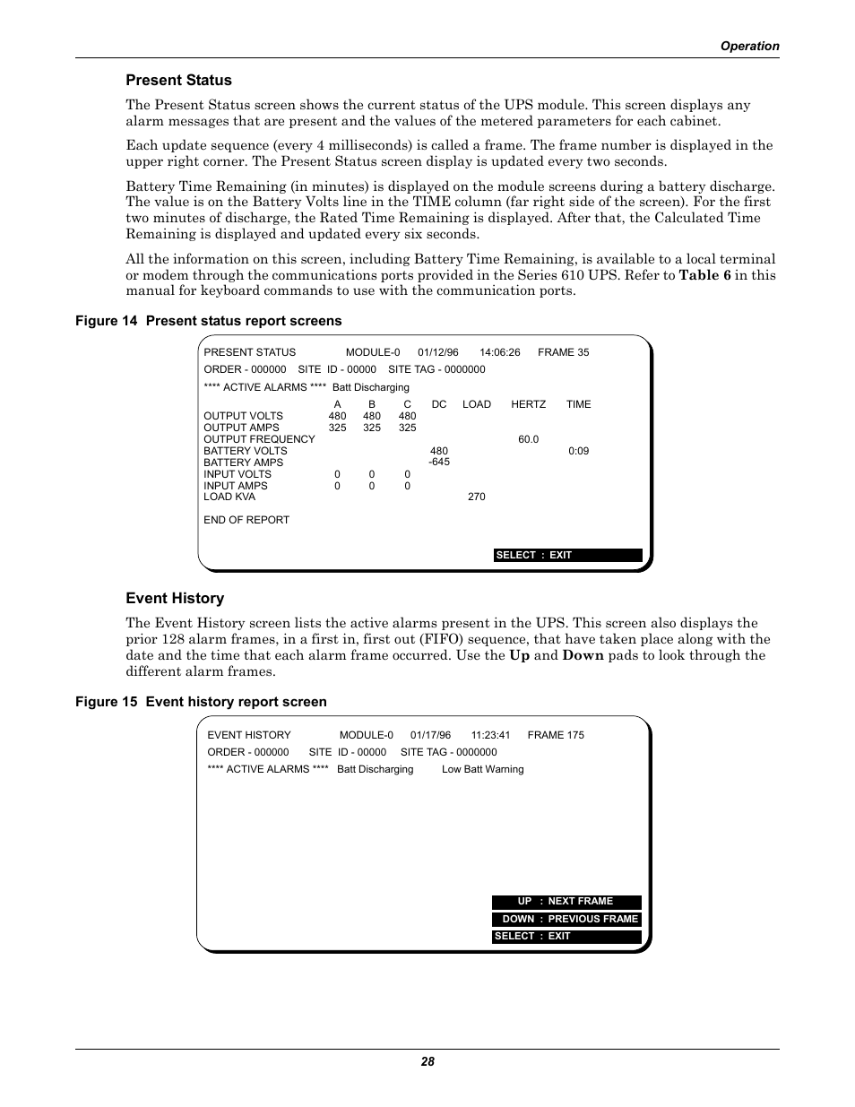 Present status, Figure 14 present status report screens, Event history | Figure 15 event history report screen | Liebert 610 User Manual | Page 34 / 104