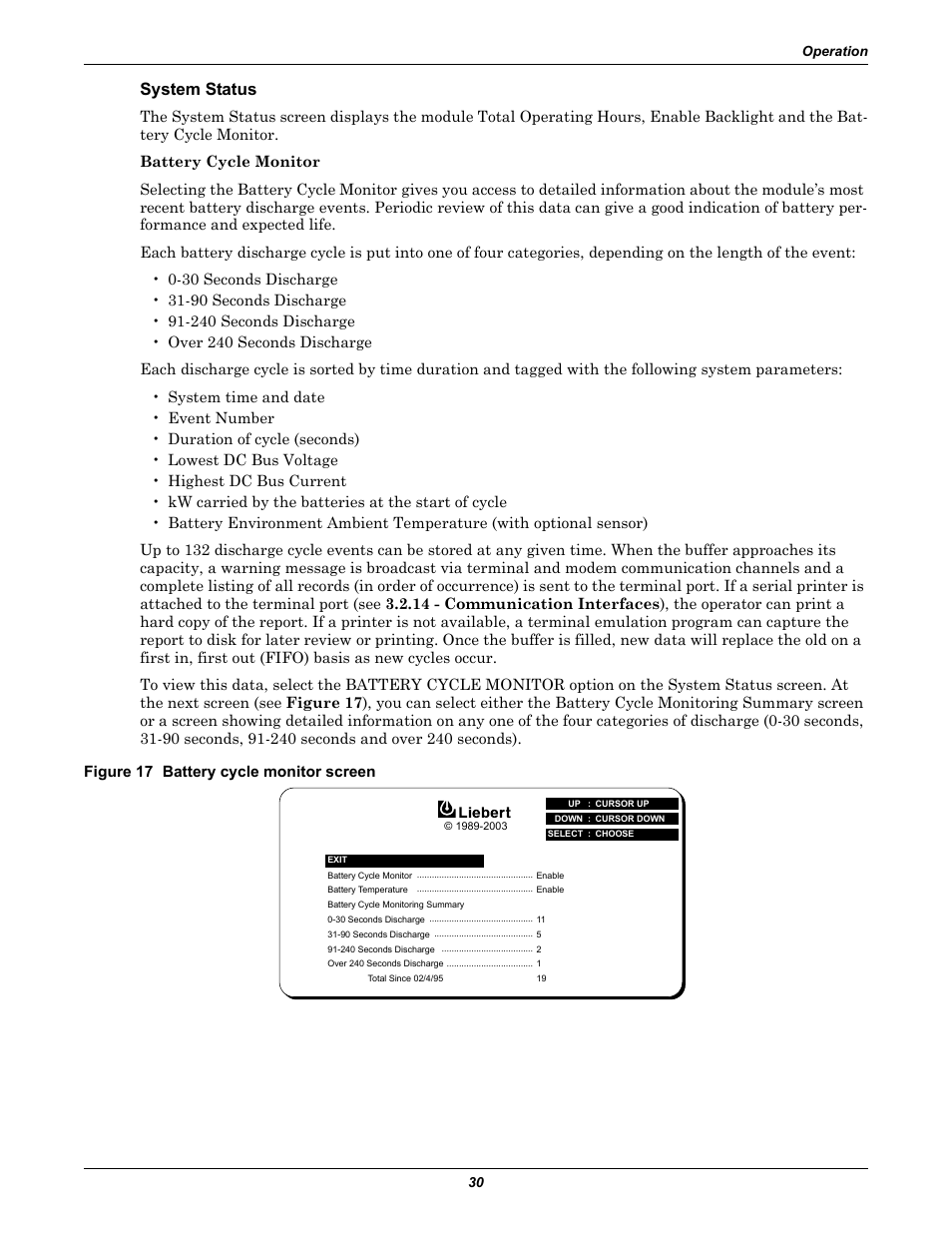 System status, Figure 17 battery cycle monitor screen | Liebert 610 User Manual | Page 36 / 104