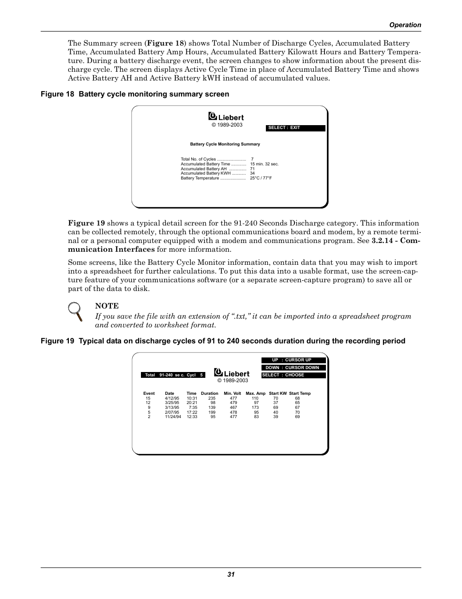 Figure 18 battery cycle monitoring summary screen, Operation 31 | Liebert 610 User Manual | Page 37 / 104