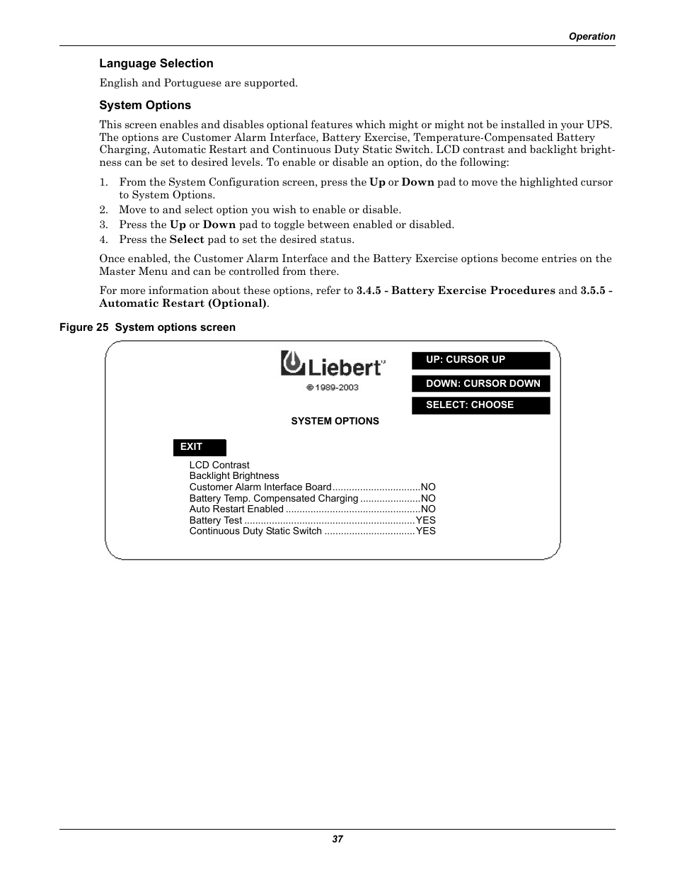 Language selection, System options, Figure 25 system options screen | Liebert 610 User Manual | Page 43 / 104