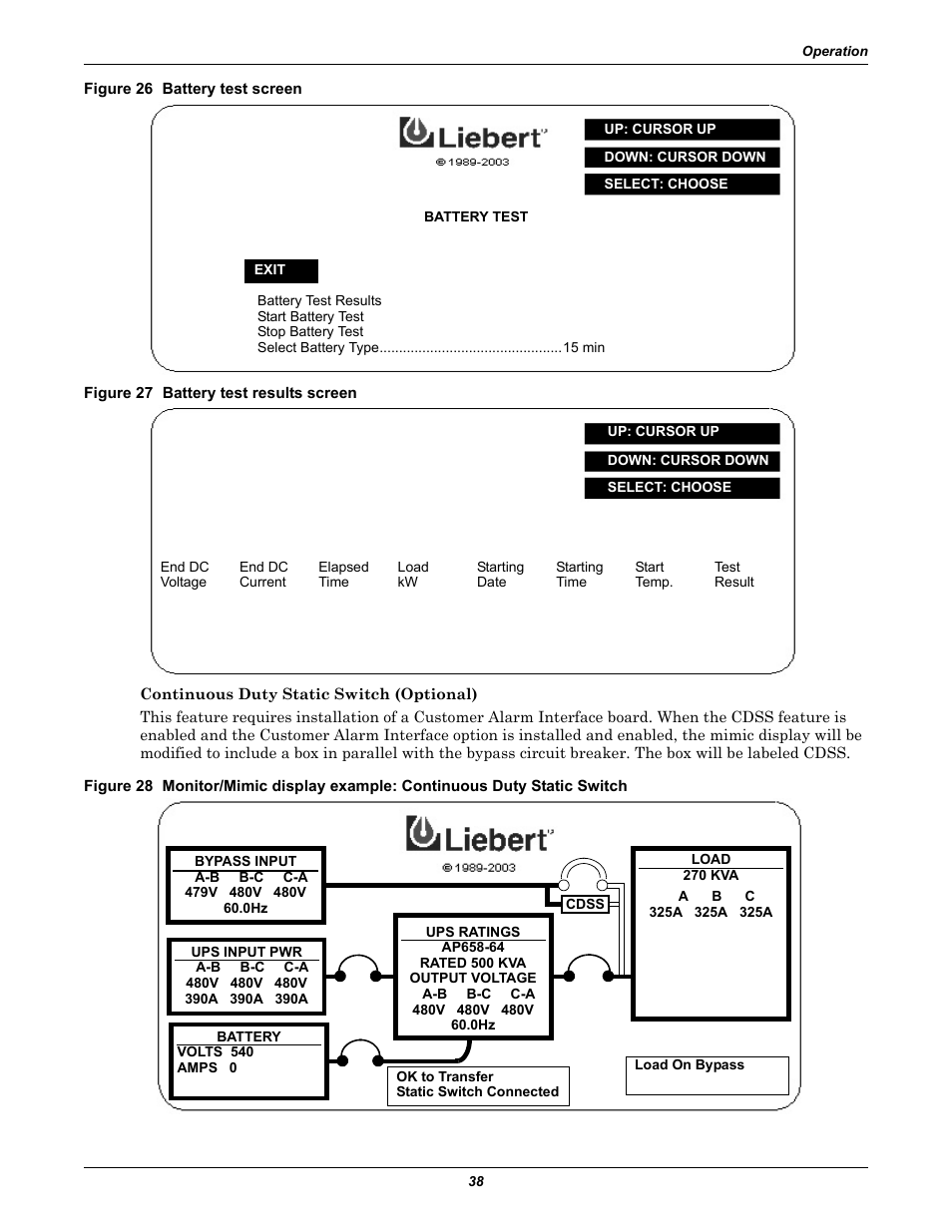 Figure 26 battery test screen, Figure 27 battery test results screen | Liebert 610 User Manual | Page 44 / 104