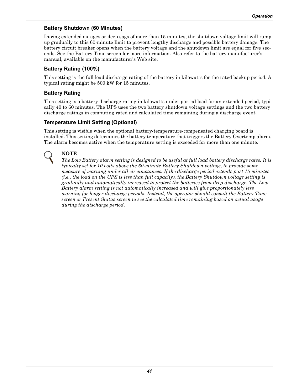 Battery shutdown (60 minutes), Battery rating (100%), Battery rating | Temperature limit setting (optional) | Liebert 610 User Manual | Page 47 / 104