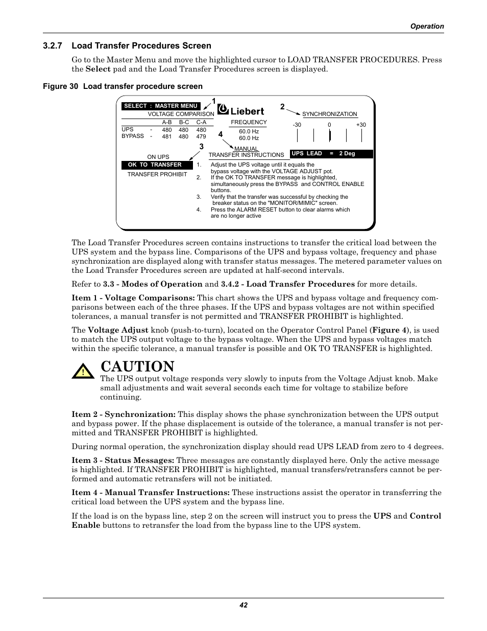 7 load transfer procedures screen, Figure 30 load transfer procedure screen, Load transfer procedures screen | Caution | Liebert 610 User Manual | Page 48 / 104