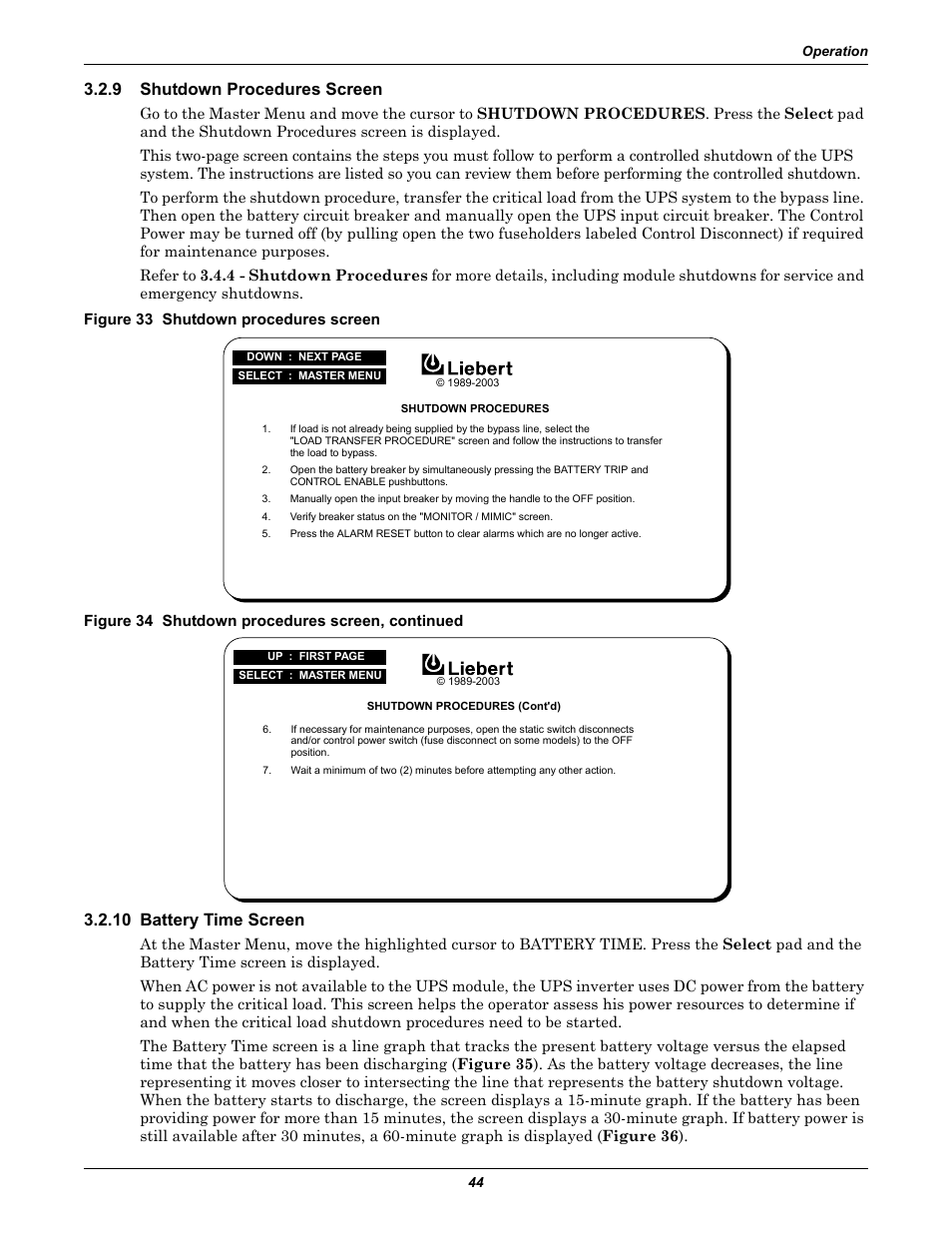 9 shutdown procedures screen, Figure 33 shutdown procedures screen, Figure 34 shutdown procedures screen, continued | 10 battery time screen, Shutdown procedures screen | Liebert 610 User Manual | Page 50 / 104