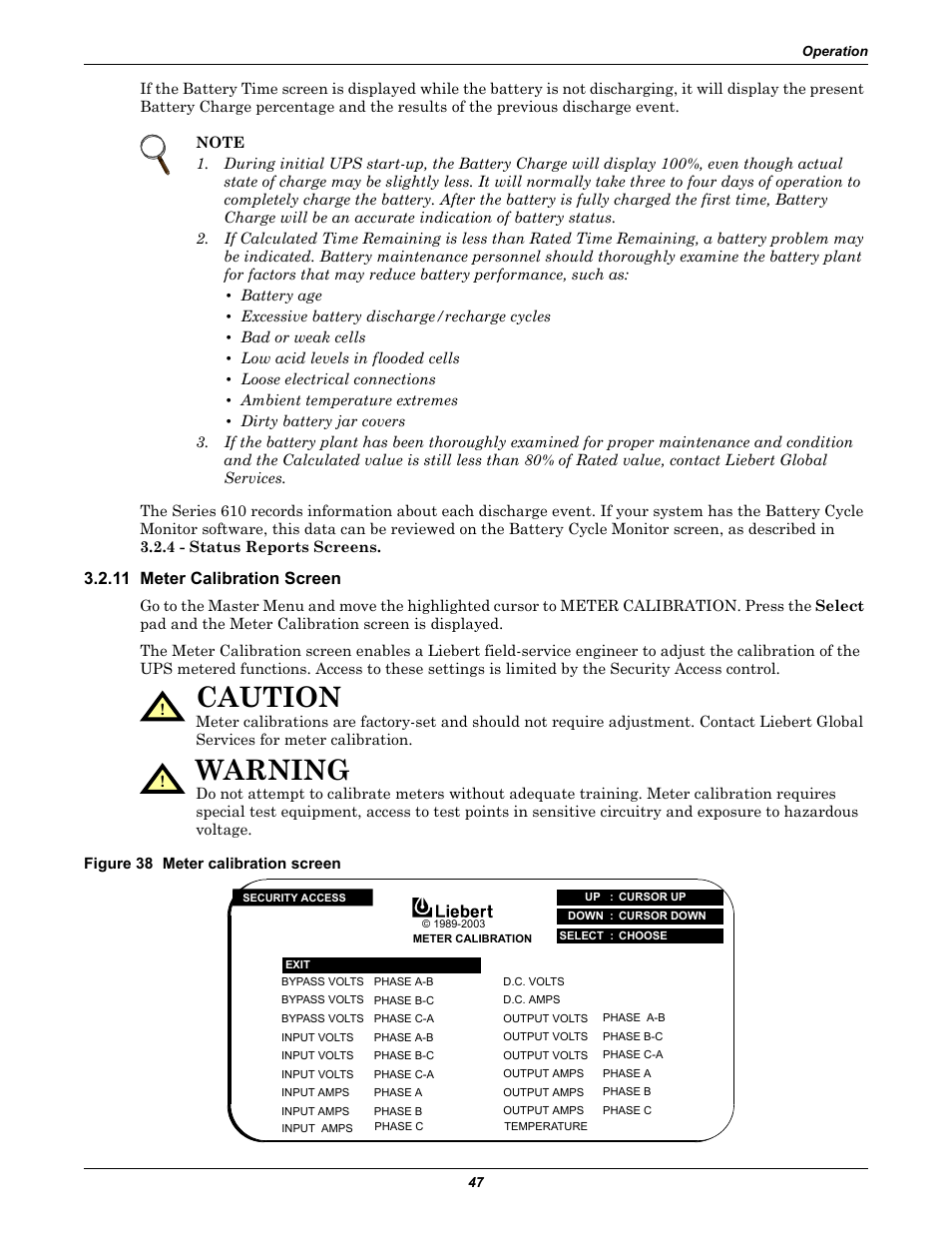 11 meter calibration screen, Figure 38 meter calibration screen, Caution | Warning | Liebert 610 User Manual | Page 53 / 104